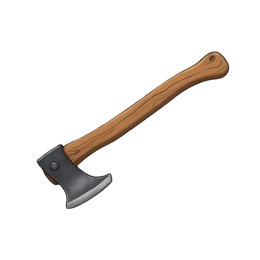 "generate an image of a crude, heavy woodcutter's axe. the axe head is lumpy and uneven, with a wedge-like shape. the wooden haft is rough, with visible grain and knots. overall look: cheap and utilitarian."