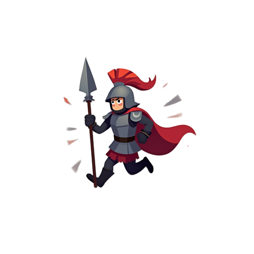 "icon of a warrior charging forward with spear, motion lines behind, flat colors: silver spear tip, red motion trail. simple silhouette, action implied, bold outline."