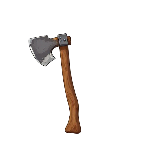 "generate an image of a crude, heavy woodcutter's axe. the axe head is lumpy and uneven. the wooden haft is rough, with visible grain and knots. isolated on white."