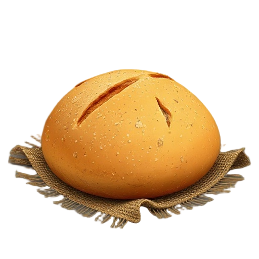 "village rustic bread, round loaf on burlap cloth, golden crust with flour dust, visible cracks"