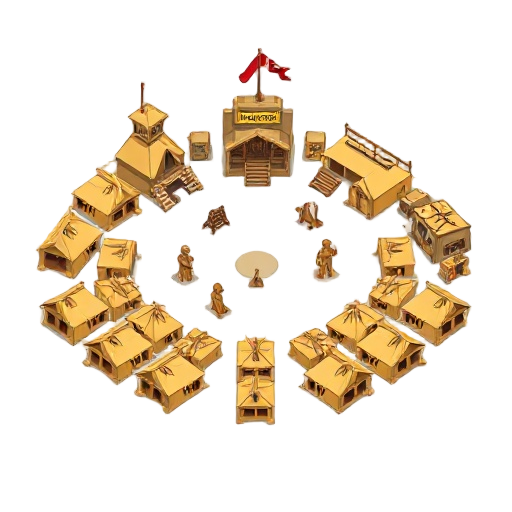 military training camp icon, organized rows of military tents, central training arena with straw dummies, wooden watchtowers, command pavilion with regimental banners, obstacle course, archery range, active field forge, functional military outpost, discip