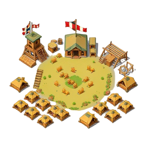 military training camp icon, organized rows of military tents, central training arena with straw dummies, wooden watchtowers, command pavilion with regimental banners, obstacle course, archery range, active field forge, functional military outpost, discip