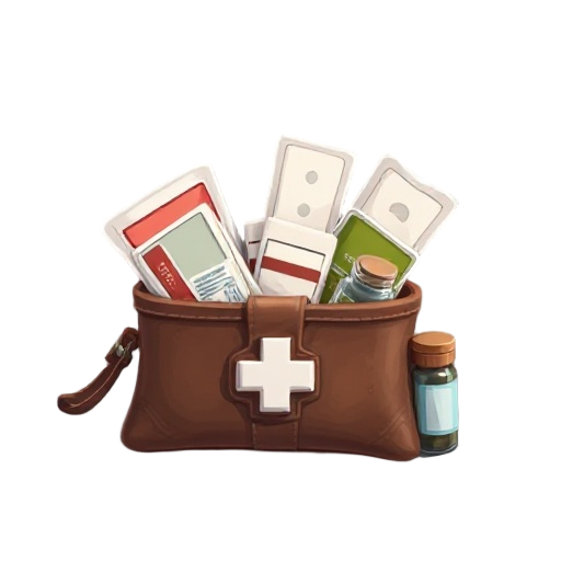 "first aid kit, leather pouch with bandages, herbs and small jars, practical medical supplies"