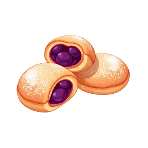 "wild berry pastries, three round pastries with sugar coating, purple berry filling visible"