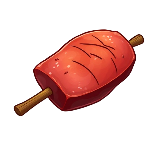 "spit-roasted meat, wooden spit holding large juicy meat chunk, grill marks visible"