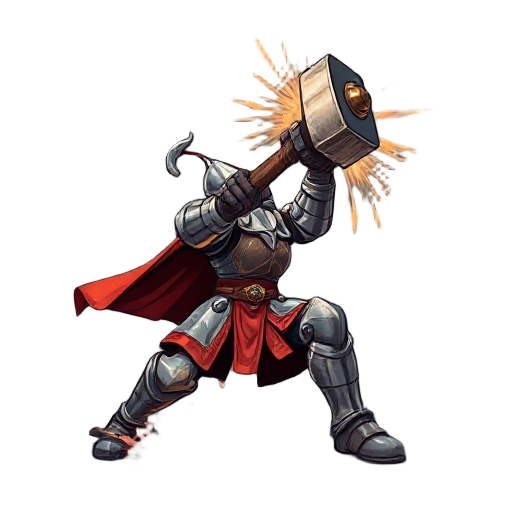 "fantasy knight executing brutal overhead hammer strike, steel warhammer radiating shockwaves, armor plates rattling, ground cracking under impact, dynamic low-angle shot, sea of horizons' painterly style with dramatic lighting and texture"
