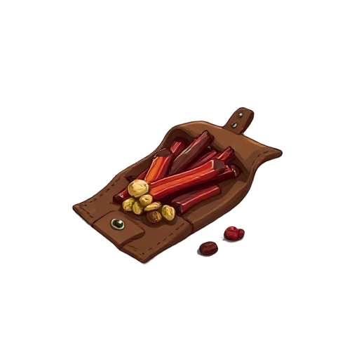 "hunter's rations, leather package opened to show jerky strips, nuts and dried berries"