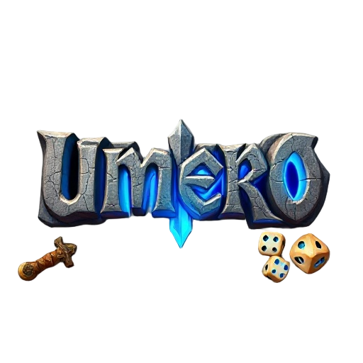 fantasy mmorpg logo "úmero", epic serif font with dramatic shadows and highlights, stone carving texture with cracks and weathering, magical blue glow emanating from inside letters, surrounded by fantasy elements: ancient sword, leather map scroll, and d6