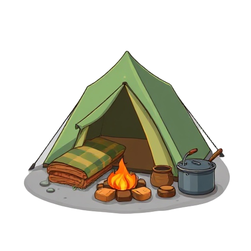 : "basic camping kit, small tent, blanket, fire starter and cooking pot bundled together"