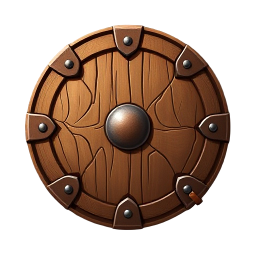 round wooden shield, oak with iron edge reinforcements, leather arm strap"