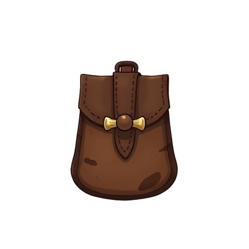 "simple leather pouch, worn brown leather, bone toggle closure, belt loop, stained from use"