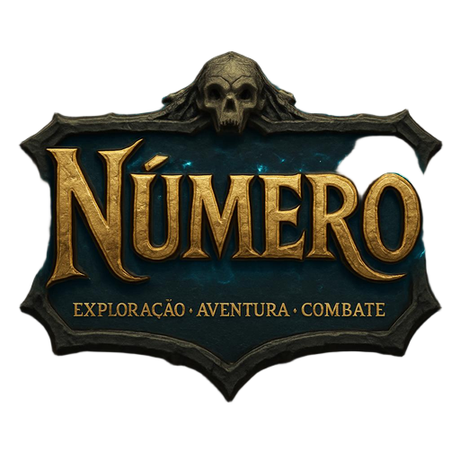 game logo for "úmero" in bold, epic fantasy typography, with subtitle "exploração • aventura • combate", inspired by classic mmorpg logos like tibia and ragnarok online, dark fantasy aesthetic, engraved stone/metal texture, glowing magical effects around 