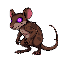 quadruped.  rat patchy brown fur, glowing purple void-eyes. muscular, dirty, with bony tail. aggressive low posture.