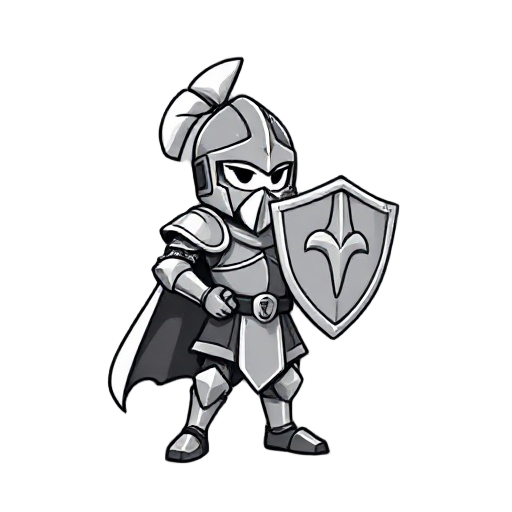 "knight in defensive stance with shield raised, protective aura, fantasy icon, clean lines, monochrome"