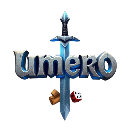 fantasy mmorpg logo "úmero", epic serif font with dramatic shadows and highlights, stone carving texture with cracks and weathering, magical blue glow emanating from inside letters, surrounded by fantasy elements: ancient sword, leather map scroll, and d6