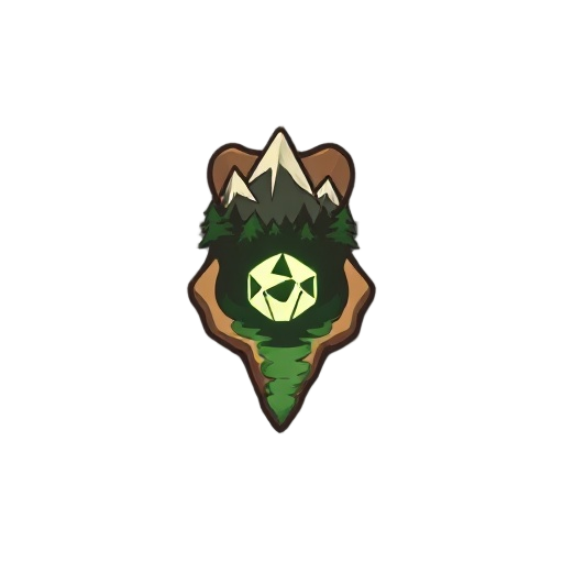 game logo icon for fantasy exploration rpg "úmero", stylized humerus bone that transforms into landscape: top becomes mountains, middle sprouts forest, bottom dissolves into swamp, glowing six-sided dice carved in bone center, clean emblem design, woodcut