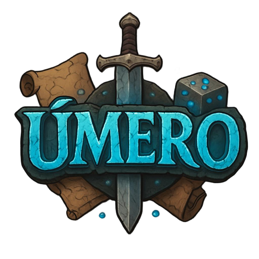 fantasy mmorpg logo "úmero", epic serif font with dramatic shadows and highlights, stone carving texture with cracks and weathering, magical blue glow emanating from inside letters, surrounded by fantasy elements: ancient sword, leather map scroll, and d6