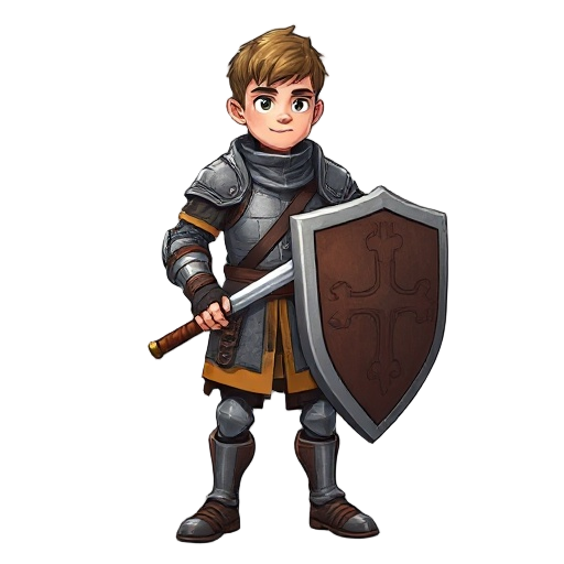 medieval squire class for voidless.dev, apprentice to knights. in practical chainmail with leather padding, holding a sturdy heater shield and training longsword. young, determined expression. clean armor, no cape, basic heraldry. fantasy rpg concept art,