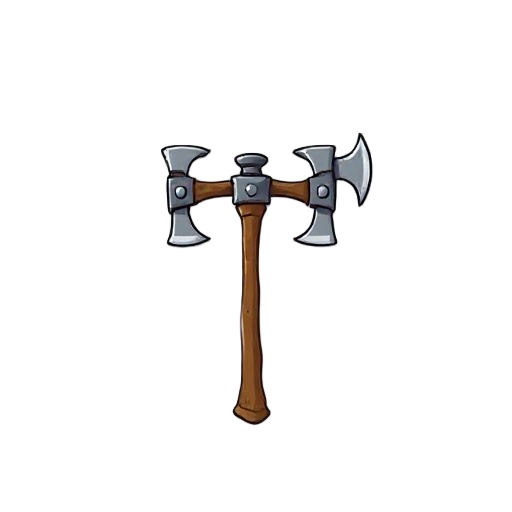 "generate an image of a poorly made double-headed axe. the two small axe heads are welded crookedly onto a central metal staff. the welds look brittle, on white background."