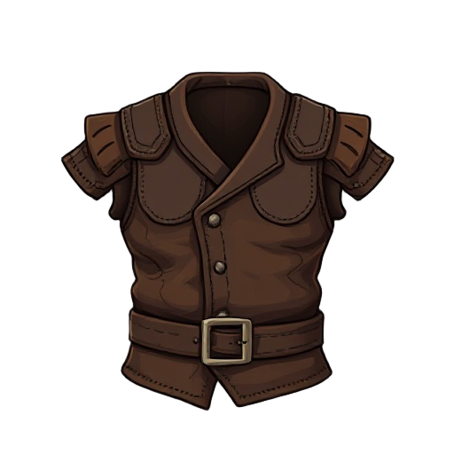 "boar leather jerkin, thick hide, visible stitching, shoulder reinforcements"