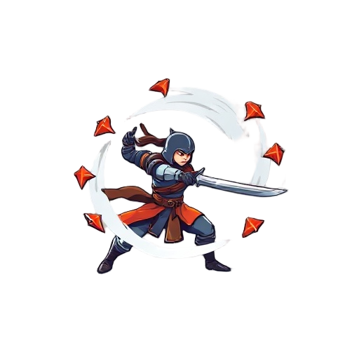 "warrior spinning with sword, circular motion effect, hitting multiple targets, fantasy combat icon, clean lines"