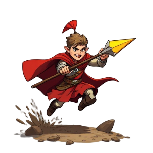 "action fantasy card illustration, warrior in mid-charge with spear leveled forward, motion blur effects creating sense of speed, cape billowing dramatically behind, determined battle cry expression, terrain kicking up under feet, focal point on spear tip