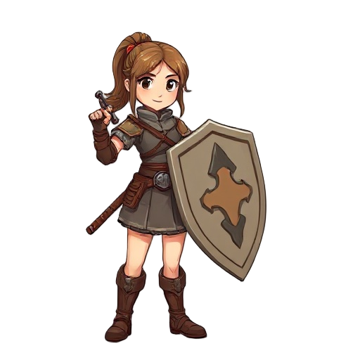 "rpg warrior, initial class.  young human female fighter in leather armor, simple sword and shield. brave but novice expression. just like characters in final fantasy tactics