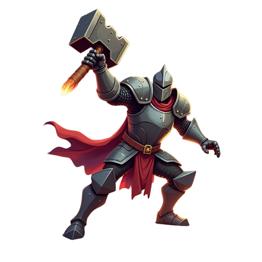 "fantasy knight executing brutal overhead hammer strike, steel warhammer radiating shockwaves, armor plates rattling, ground cracking under impact, dynamic low-angle shot, sea of horizons' painterly style with dramatic lighting and texture"