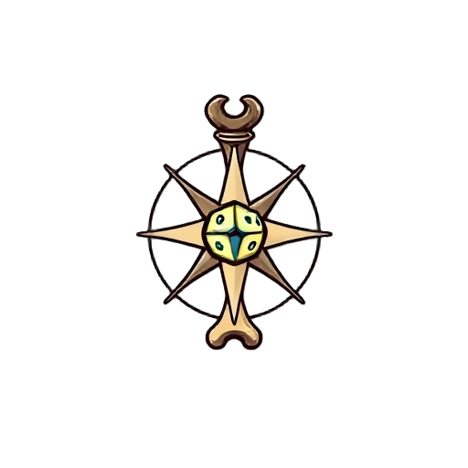 "úmero" game logo, vertical humerus bone crossed with fantasy compass, five points for biomes, glowing d6 dice at intersection, woodcut style, exploration boardgame emblem