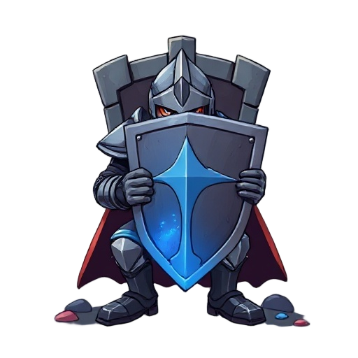  "fantasy card artwork, knight crouching behind massive tower shield, protective blue energy barrier forming in front, feet firmly planted on ground, determined expression visible through helmet visor, particles of defensive magic floating around, strong 