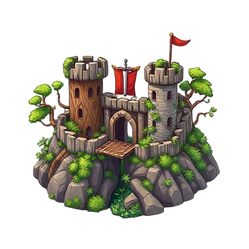 forest fortress icon, military stronghold fused with living forest, petrified wood palisades intertwined with living vines, tree-trunk watchtowers with foliage camouflage, root drawbridge over thorn-filled ravine, oak leaf and sword banner, fantasy rpg st