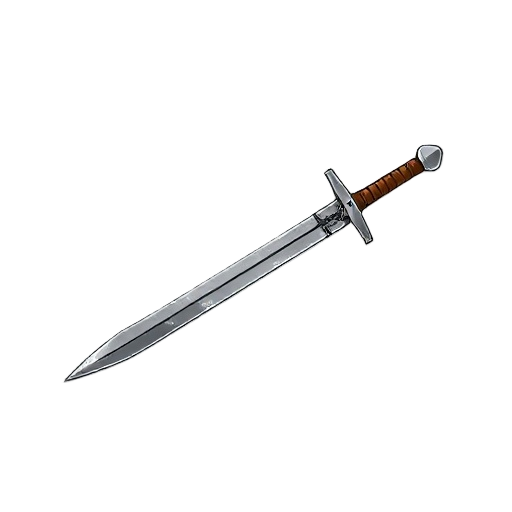 "generate an image of a bastard sword with a large, cracked crossguard that has been poorly repaired with metal wire. the blade is long and simple, on white background."