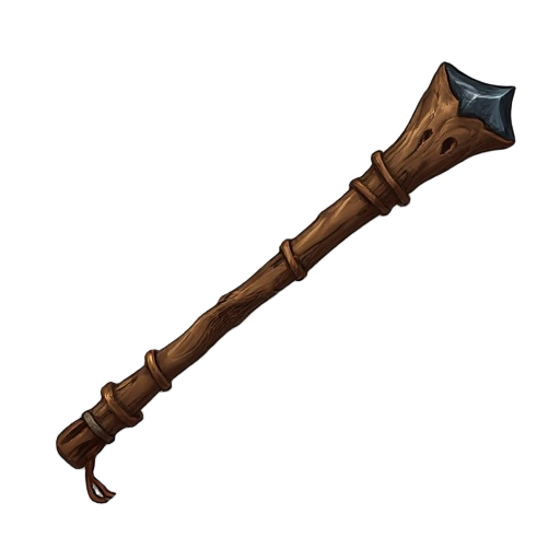 primitive wooden club, gnarled oak branch, fire-blackened tip, leather cord wrapping, rpg weapon, fantasy survival tool, detailed texture