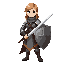 medieval female squire class for voidless.dev, apprentice to knights. in practical chainmail with leather padding, holding a sturdy heater shield and training longsword. young, determined expression. clean armor, no cape, basic heraldry. fantasy rpg conce