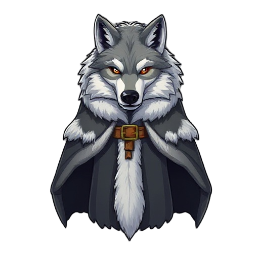 "winter wolf cloak, complete gray wolf pelt with head attached, leather clasp, fur texture detailed"