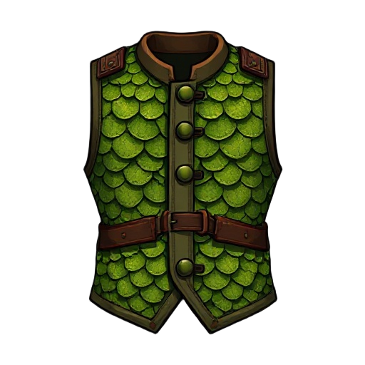 "lizard scale vest, overlapping green-brown scales, leather tie closures"