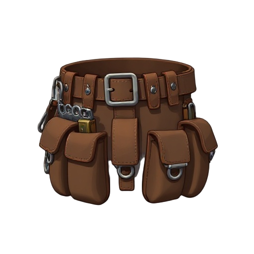 "hunter's utility belt, thick leather belt with multiple hooks, pouches and tool loops"