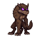 quadruped. patchy brown fur, glowing purple void-eyes. muscular, dirty, with bony tail. aggressive low posture.