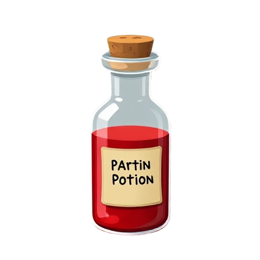 "minor health potion, red thick liquid in thick glass vial, cork stopper, simple label"