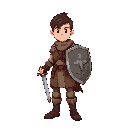 "rpg warrior, initial class.  young human fighter in leather armor, simple sword and shield. brave but novice expression