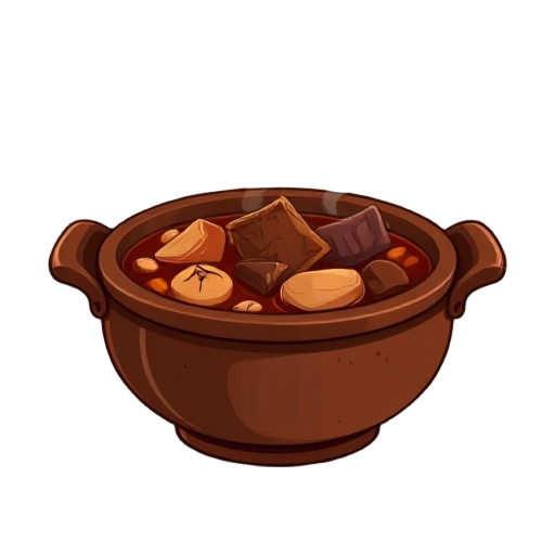 "tavern stew bowl, earthenware bowl with thick meat stew, steam rising, visible ingredients"