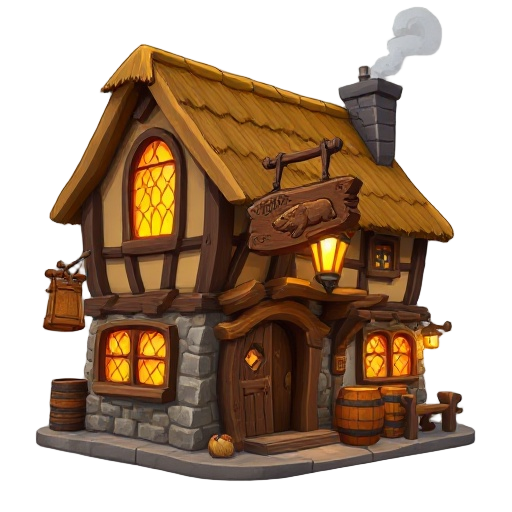 fantasy tavern icon, rustic wooden and stone building, thatched roof, glowing irregular glass windows, swinging carved sign (overflowing tankard or sleeping bear), stacked barrels by entrance, adjacent stable, warm inviting light, smoke from chimney, adve