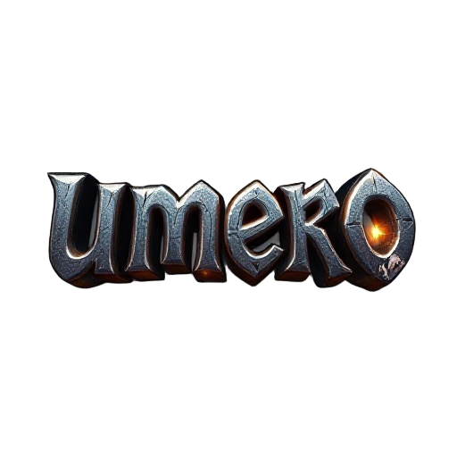 game logo for "úmero" in bold, epic fantasy typography, with subtitle "exploração • aventura • combate", inspired by classic mmorpg logos like tibia and ragnarok online, dark fantasy aesthetic, engraved stone/metal texture, glowing magical effects around 