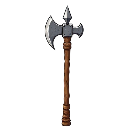 "generate an image of a poleaxe (bardiche) with a very thick, almost blunt iron axe-head and a heavy spike on top. the pole is thick and crude, on white background."