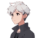 a young male with white hair. looking toward a side. simply shading. anime. wearing a jacket. feminine