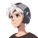 a young male with white hair. wearing a metal helmet looking toward a side. simply shading. anime