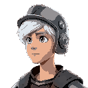 a young male with white hair. wearing a metal helmet looking toward a side