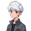 a young male with white hair. looking toward a side. simply shading. anime style. wearing a jacket. feminine. lighting and bright color palette.
