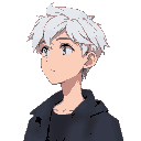 a young male with white hair. looking toward a side. simply shading. anime style. wearing a jacket. feminine. 