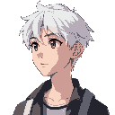 a young male with white hair. looking toward a side. simply shading. anime style. wearing a jacket. feminine. bright lighting